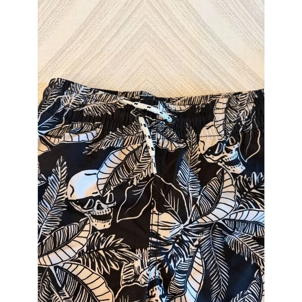 Old Navy Boys Black White Skull Palm Swim Trunks Size M (8) NWT Lined Drawstring